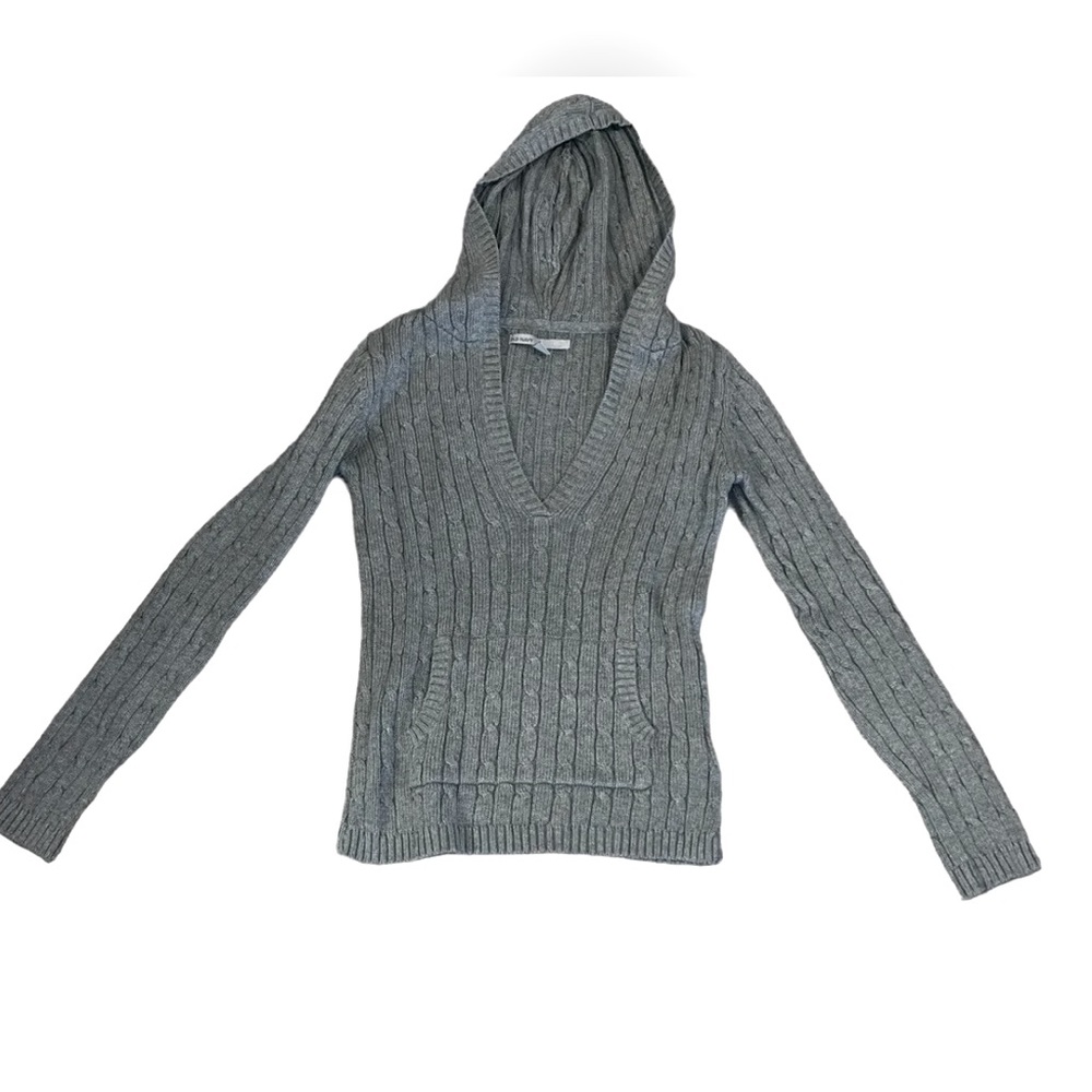 Old Navy Vintage Gray Cable Knit Hooded  Sweater Women Size S Euc 100% Cotton